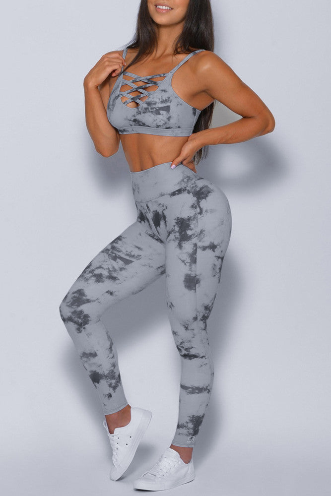 Tie-dye Crisscross Sports Bra Activewear Set-Pink or Gray