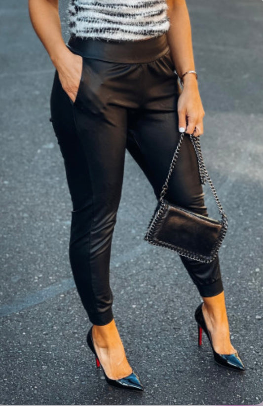 Faux Leather Slim-fit High Waist Joggers