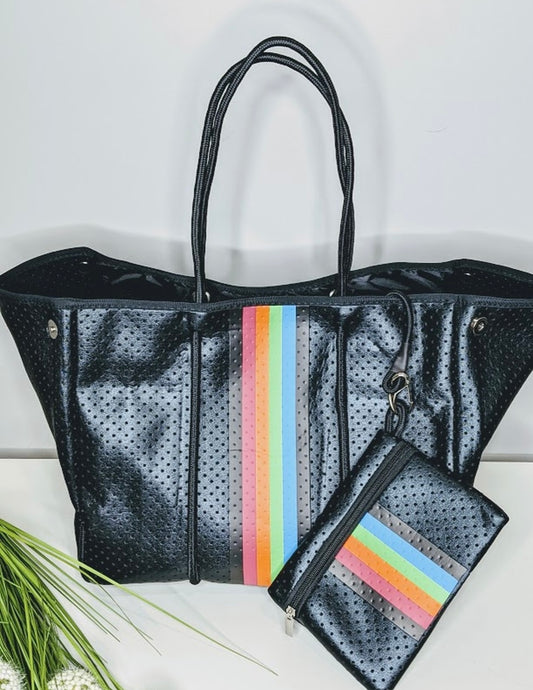 Black with Rainbow Stripes Neoprene Tote