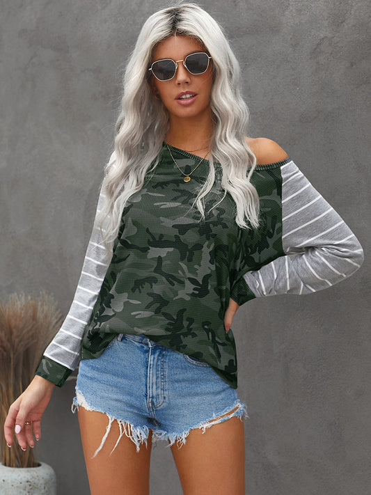 Camo Striped Splicing Long Sleeve Top