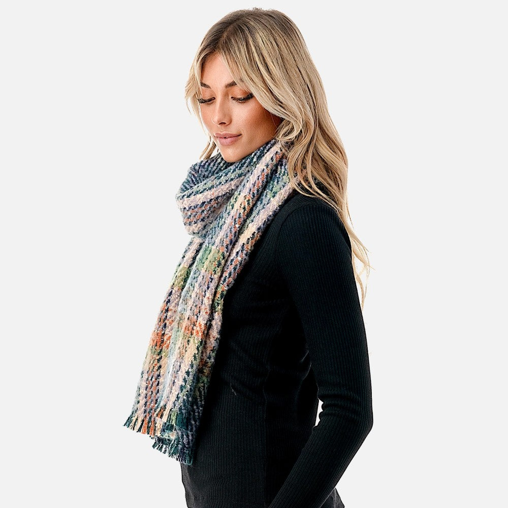 Fuzzy Plaid Scarf With Fringe Hemline-3 Colors