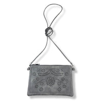 Laser Cut Flower Design Leather Cross Body Handbag With Detachable Leather Strap
