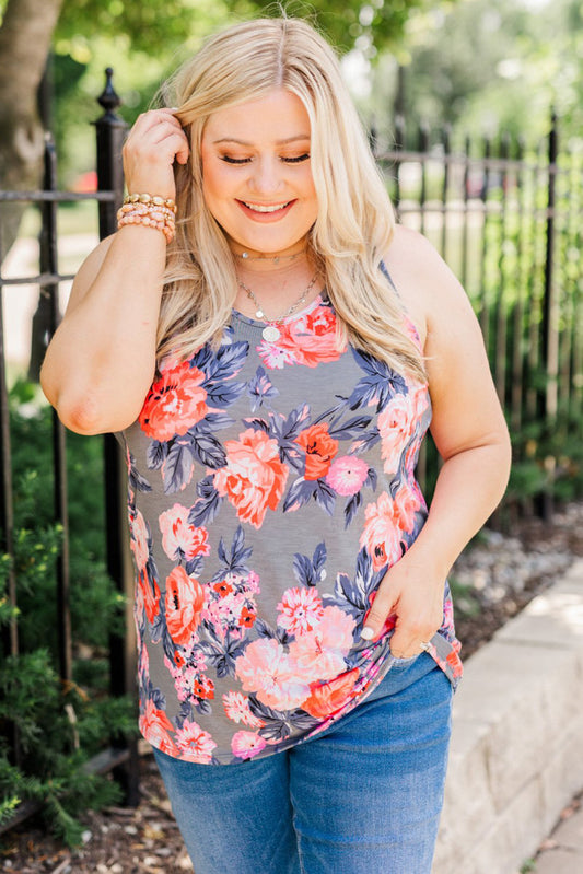 Grey Plus Size Floral Racerback Tank Top