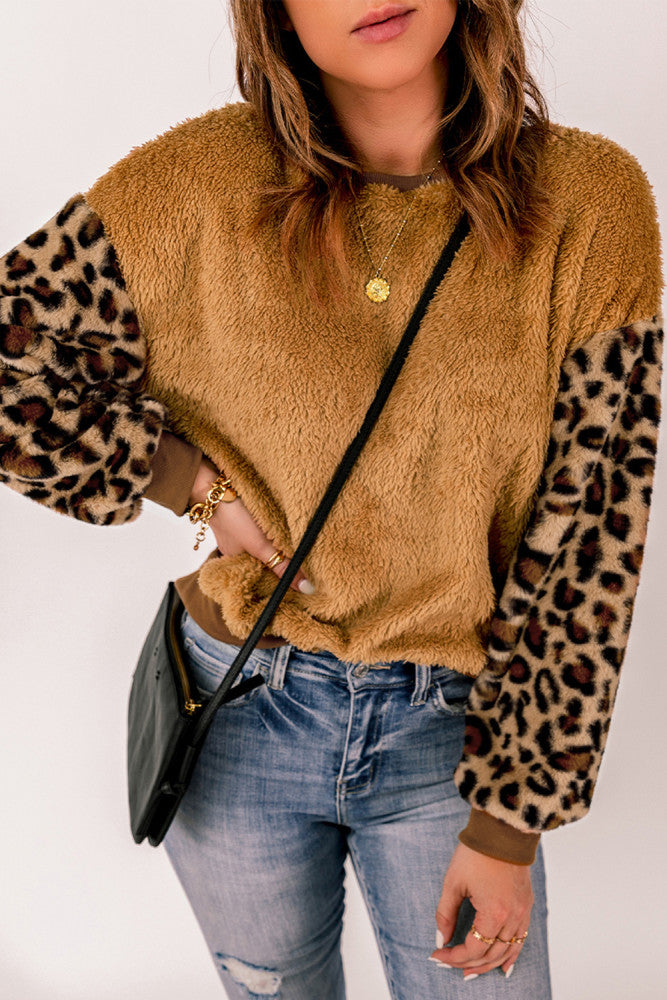 Brown Snuggle Sweatshirt With Leopard Sleeves