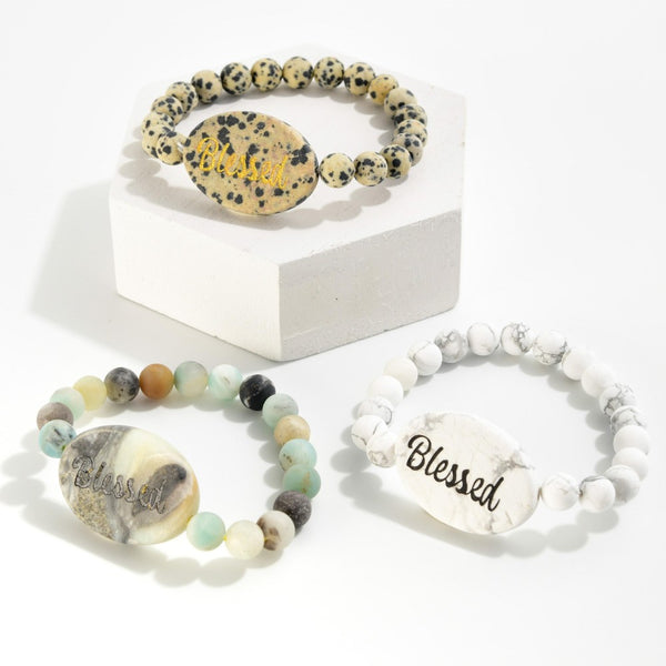 Semi-Precious Natural Stone "Blessed" Beaded Stretch Bracelets