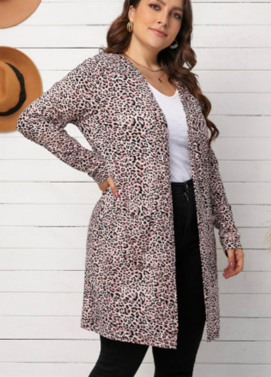 Leopard Print Open Front Cardigan-Curvy