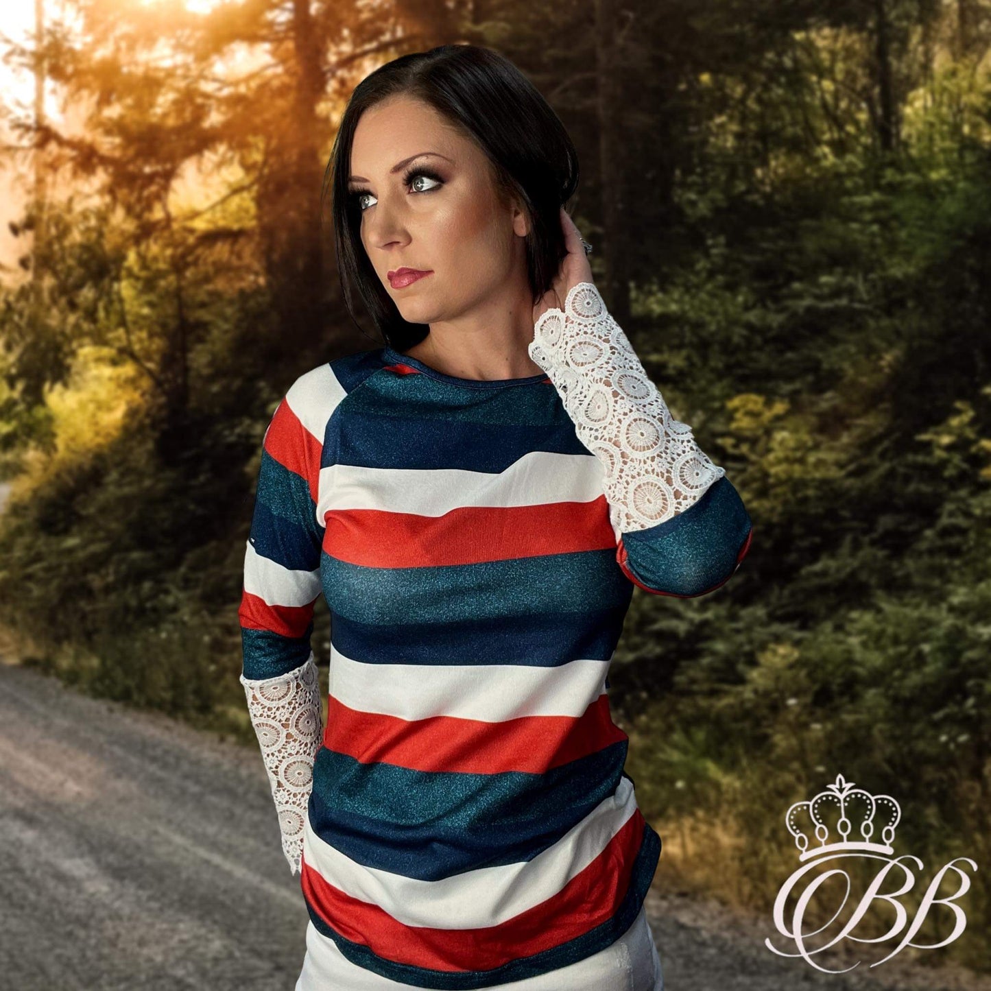 Multicolor Striped W/ Lace Spliced Sleeves Top