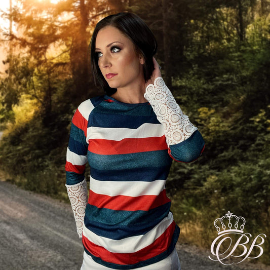Multicolor Striped W/ Lace Spliced Sleeves Top