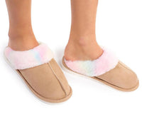 Faux Suede Slippers with Tie-Dye Print Faux Fur Lining