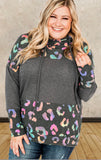 Gray Cowl Neck Waffle Colorful Leopard Patchwork Plus Size Sweatshirt