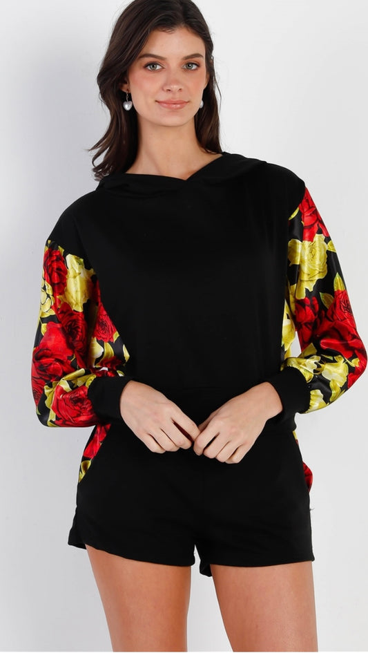 Satin Effect Red & Lime Floral Print Hooded Top & Short Set