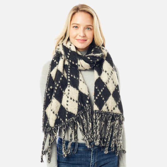 Fuzzy Argyle Scarf with Tassels