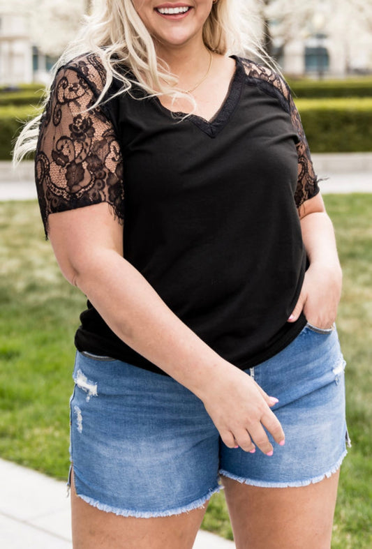 Lace Sleeved Black Top-Curvy