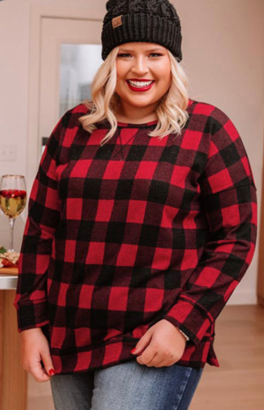 Plaid Print Long Sleeve Plus Top