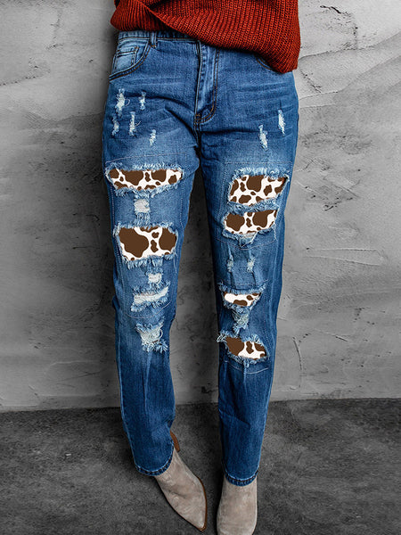 Cow Print Patchwork Straight Jeans