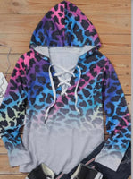 Leopard Gradient Lace Up Long Sleeve Pullover Hoodie