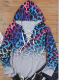 Leopard Gradient Lace Up Long Sleeve Pullover Hoodie