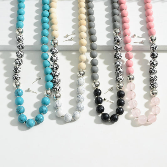 Wood and Stone Beaded Necklace + Earrings