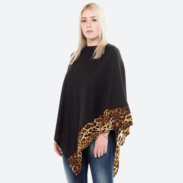 Leopard Trimmed Lightweight Knit Poncho-3 Colors