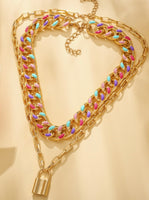 Rainbow Layered Necklace W/ Lock- Statement Piece