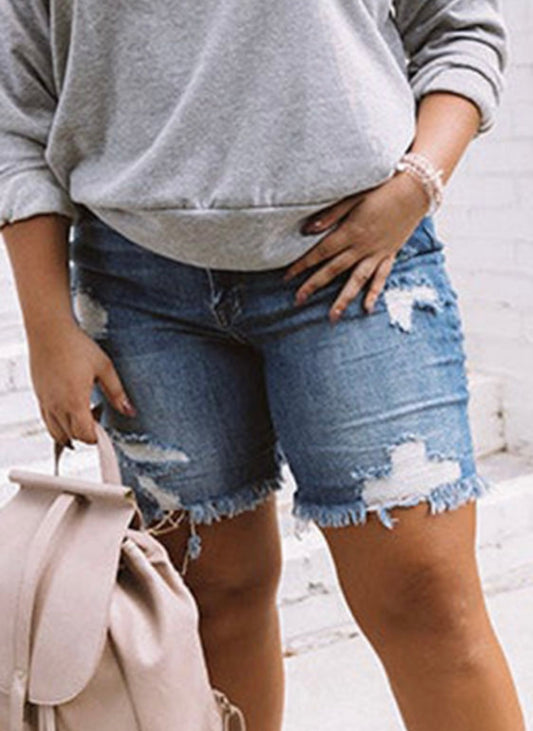 Frayed Denim Shorts -Curvy