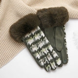 Faux Fur Cuff Houndstooth Gloves