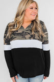 Plus Size Quarter Zip Camo Color Block Sweatshirt