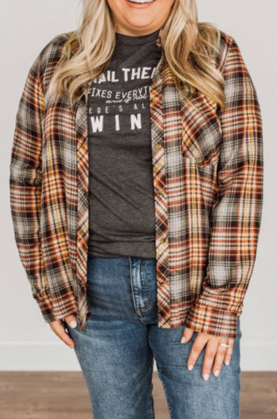 Plaid Buttoned Long Sleeve shirt coat-Curvy