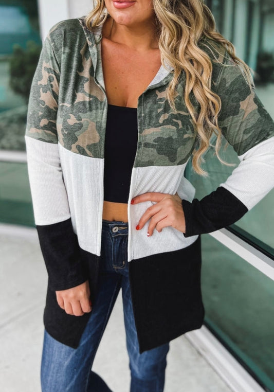 Camo Colorblock Hooded Cardigan- Curvy