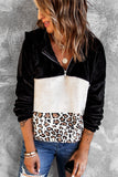 Soft Leopard Color Block Fleece Quarter-Zip Hoodie