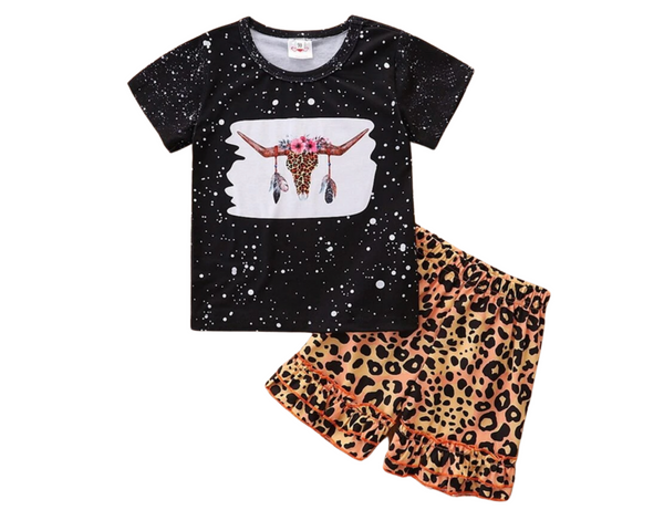 Toddler Girls Bull Head Print Tee With Leopard Shorts
