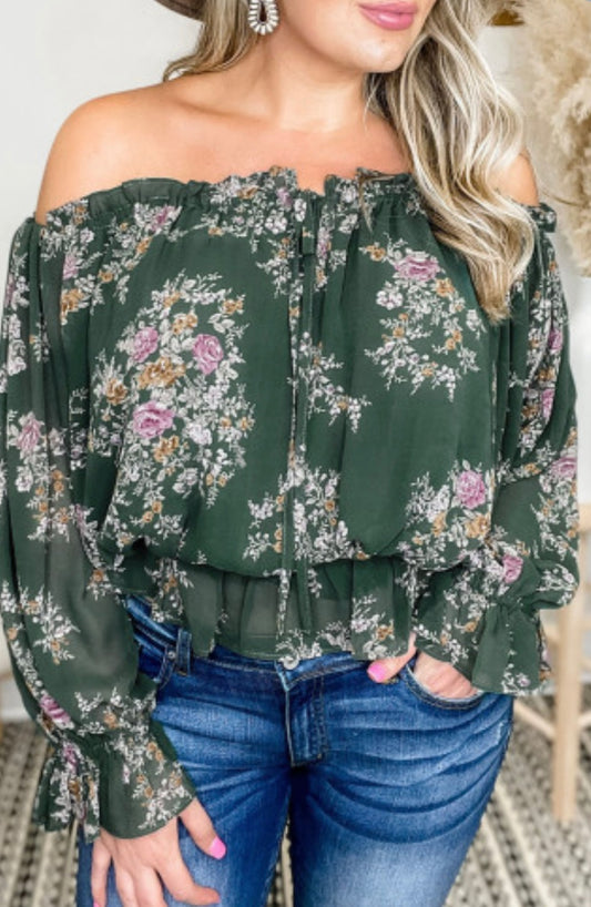 Green Off Shoulder Floral Ruffle Top-curvy