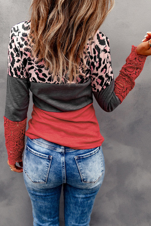 Lace Splicing Hollow-out Leopard Color Block Top