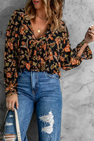 Floral Print Pleated Long Sleeve Blouse