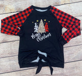 Plaid Christmas Print Tie Knot Long Sleeve Top