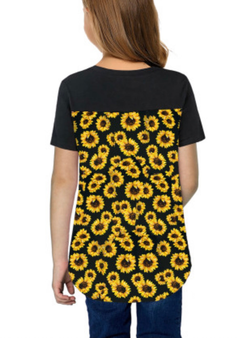 Black V Neck Sunflower Splicing Kid Tee