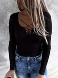 Black Ribbed Lace up Slim Fit Knit Long Sleeve Top