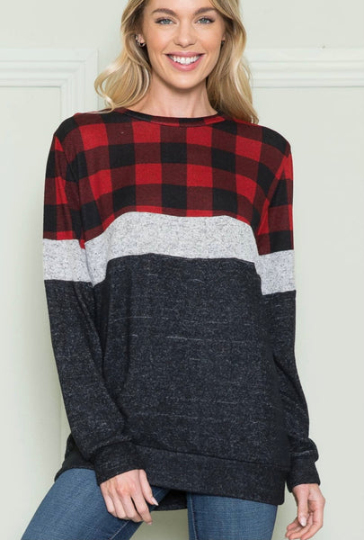 Plaid solid Contrast Pullover -Curvy