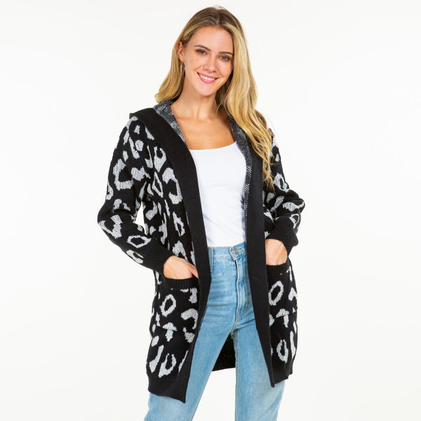 Knit Leopard Print Open Cardigan with Hood and Pockets