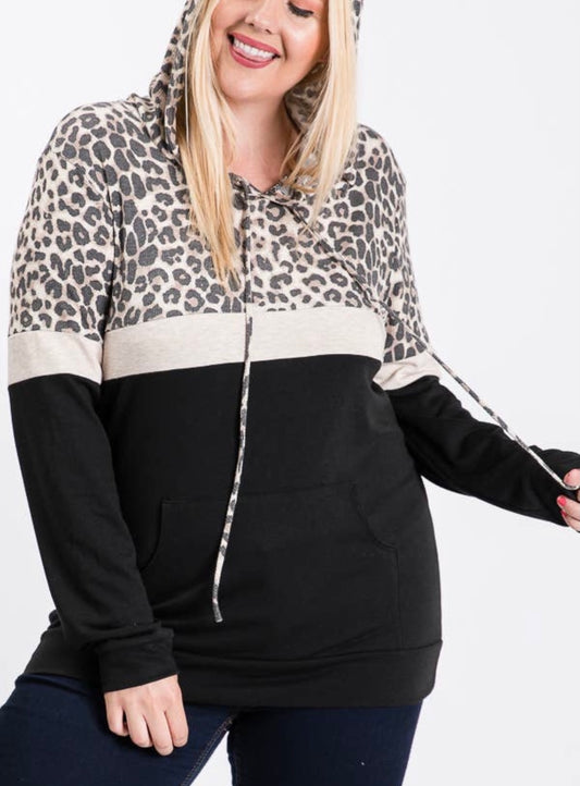Leopard Color block hooded sweatshirt