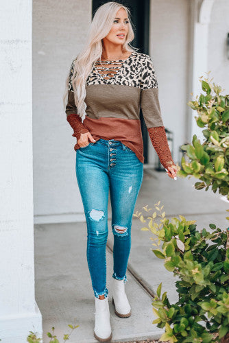 Lace Splicing Hollow-out Leopard Color Block Top