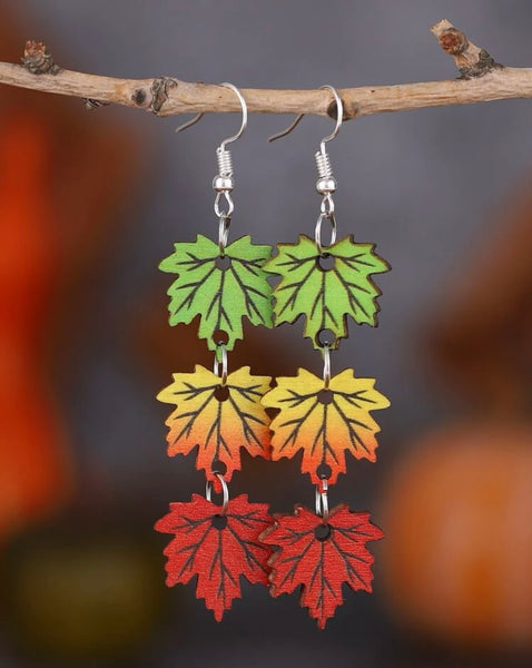 Wooden Dangle Maple Leaf Earrings