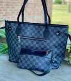 Checkered Tote w/ Wristlet Set- Cream or Black