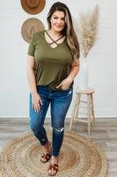 Green Olive Plus Size Crisscross Ribbed Knit Top-Curvy
