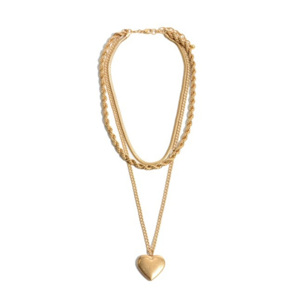Rope Chain Link Layered Heart Pendant Necklace in a Worn Finish
