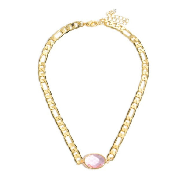 Figaro Chain Link Crystal Pendant Necklace in Gold