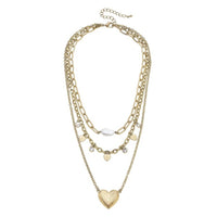 Layered Chain Link Necklace Featuring Faux Pearl Accent, Heart Pendant, and CZ Details.