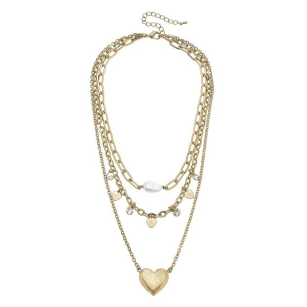 Layered Chain Link Necklace Featuring Faux Pearl Accent, Heart Pendant, and CZ Details.