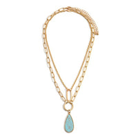 Layered Gold Tone Chain Link Necklace Featuring Stone Pendant