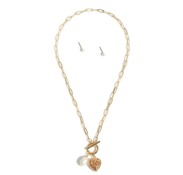 Gold Tone Chain Link Necklace Featuring Swirled Heart and Pearl Charm Pendant With Pearl Stud Earrings